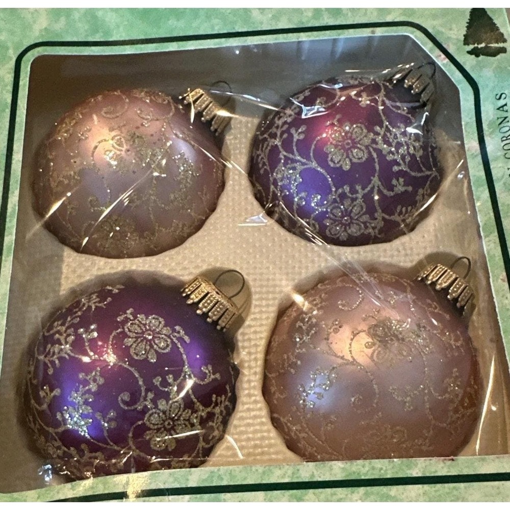 KREBS HAND DECORATED GLASS ORNAMENTS‎ SET OF 4- Pink & Purple GLITTER FLORAL